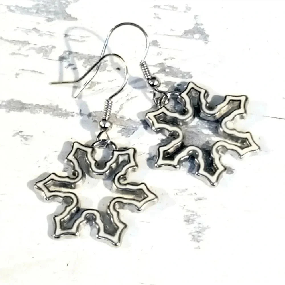 Handmade Silver White Enameled Snowflake Drops Winter Christmas Holidays Earring